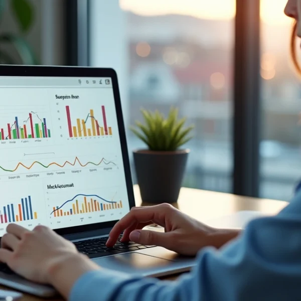Pessoa analisando dados de campanhas digitais locais em laptop com gráficos de desempenho e anotações