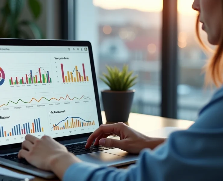 Pessoa analisando dados de campanhas digitais locais em laptop com gráficos de desempenho e anotações