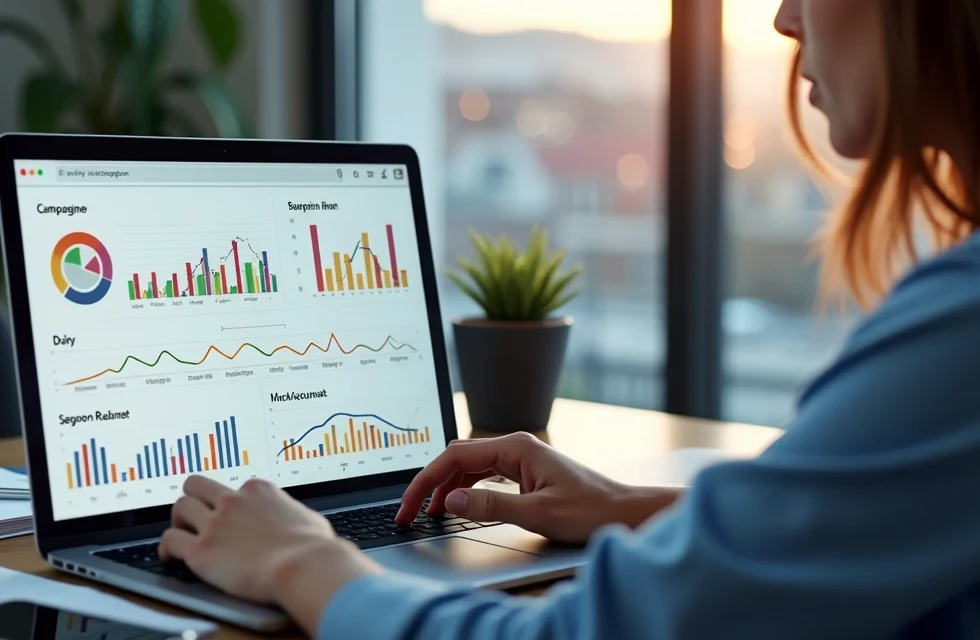 Pessoa analisando dados de campanhas digitais locais em laptop com gráficos de desempenho e anotações