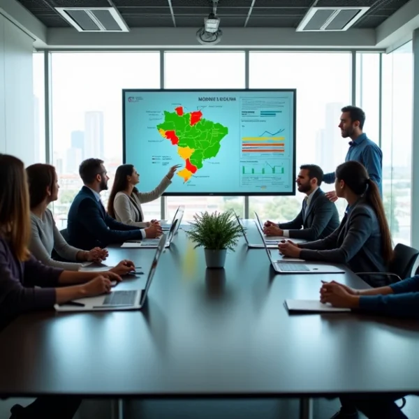 Equipe em sala moderna analisando dados de mídia segmentada em telas digitais