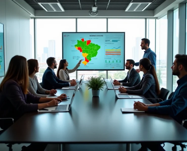 Equipe em sala moderna analisando dados de mídia segmentada em telas digitais