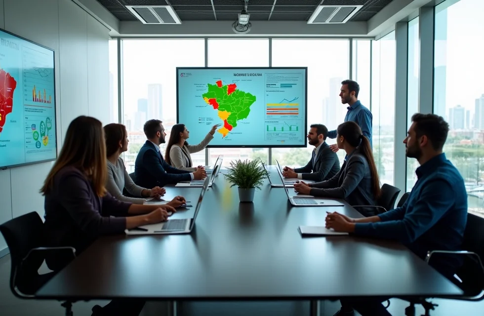 Equipe em sala moderna analisando dados de mídia segmentada em telas digitais