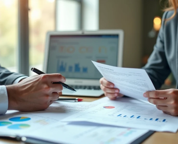 Duas pessoas negociando valores em ambiente corporativo moderno, com documentos e laptop sobre a mesa, cenário claro e profissional