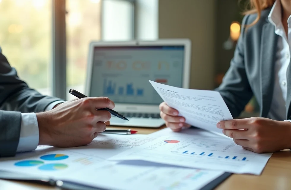 Duas pessoas negociando valores em ambiente corporativo moderno, com documentos e laptop sobre a mesa, cenário claro e profissional